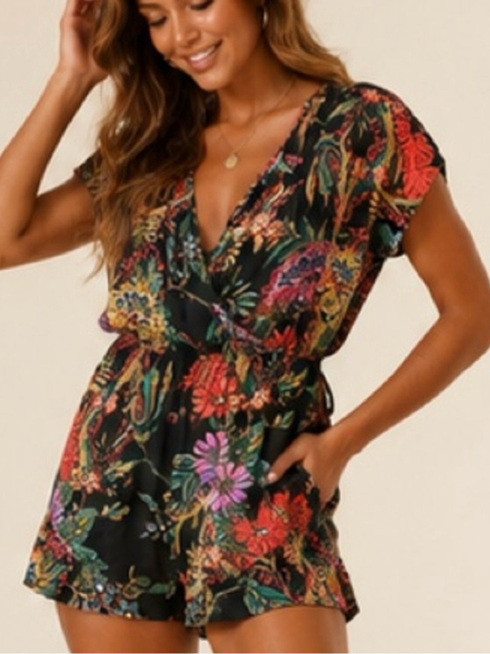 Floral Jumpsuit Overall Floral Romper Flare Shorts One piece Overall Loose Sleev